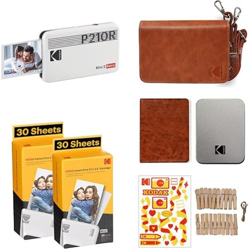 KODAK Mini 2 Retro 4PASS Portable Photo Printer (2.1x3.4 inches) Initial 8 Sheets + 60 Sheets + Gift Bundle, White