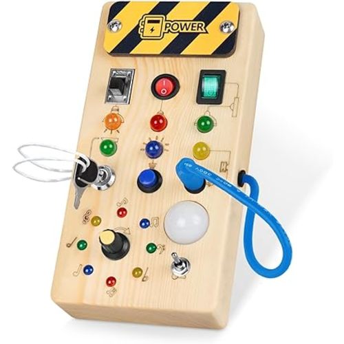 Montessori Wooden Busy Board with 8 LED Light switches, Sensory Toys Light Switch Travel Toys for 1+ Year Old Baby and Toddler