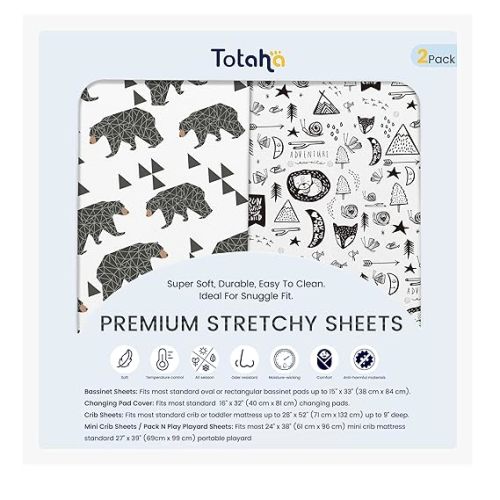 Baby Bassinet Fitted Sheet Bear, TotAha Buttery Soft Bassinet Cover, Bedside Bassinet Sheets Universal for Oval, Rectangle Hourglass Bassinet Mattress - Black Bear & Geo Animal