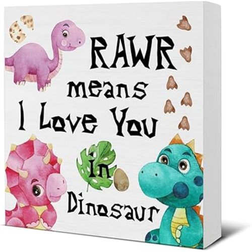 Dinosaur Room Decor for Boys, Rawr Means I Love You in Dinosaurs Wood Block Sign Toddler Nursery Baby Room Playroom Bedroom Shelf Tabletop Decor 5 X 5 Inches
