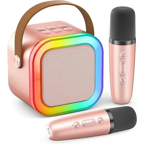 Karaoke Machine for Kids Adults, Portable Bluetooth Mini Karaoke Microphone Singing Speaker with 2 Wireless Mic and Light,Toys for All Smartphones,Birthday, Family,Home Party (Rose Gold)