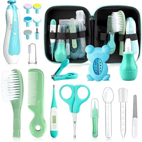 Baby Healthcare and Grooming Kit, 20 in 1 Portable Baby Safety Care Set with Hair Brush Comb Nasal Aspirator Electric Nail Trimmer Set Baby Essentials kit for Newborn Boys Girls (Green 20 in 1)