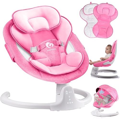 Bluetooth Baby Swing for Infants, Compact & Portable Pink Baby Girl Rocker, 3 Seat Positions, 5 Swing Speed, 10 Lullabies, Remote Control, USB Plug-in Power, Reversible Cushion for All Seasons