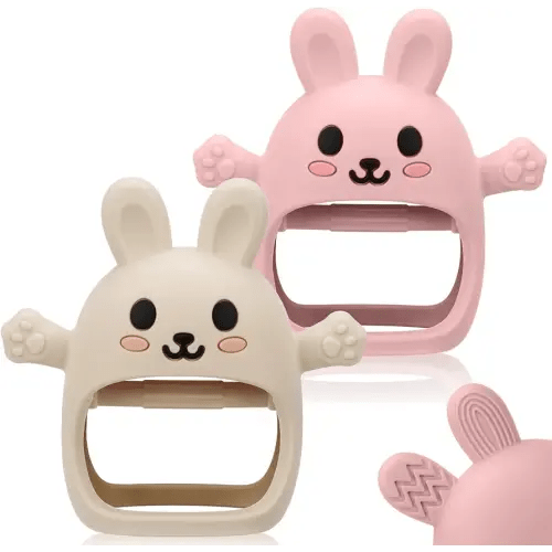 2 Pack Baby Teething Toy for 3-6 6-12 Months, Silicone Bunny Teething Mitten, Anti Drop Wrist Hand Baby Teethers 0 3 6 9 12 Months for Babies Sucking Needs (Beige & Light Pink)