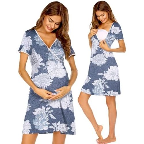 Ekouaer Nursing Nightgown Delivery and Labor Gown for Hospital Short Sleeve Maternity Breastfeeding Dress