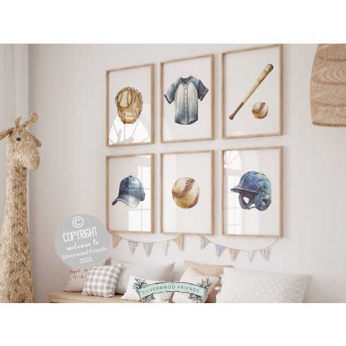Baseball Nursery Prints Set of 6, Baby Boy Nursery Prints, Sport Theme Room Decor, Baseball Printable Posters, Kids Baseball Digital Prints