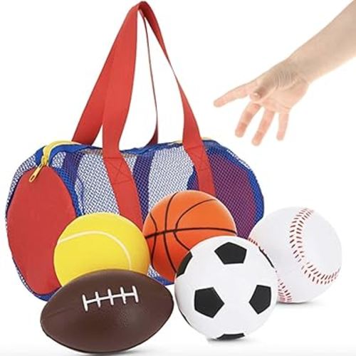 Neliblu Foam Sports Toys with Bag, Set of 5 – includes Soccer Ball, Basketball, Football, Baseball and Tennis Ball - Suitable for Baby's Small Hands to Grab - Balls for Kids and Toddlers Ages 1-3