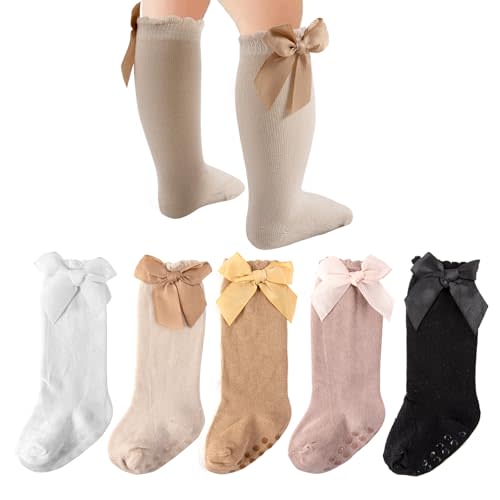 QHANSHIEE Baby Knee High Socks Girls Newborn Infants Toddlers Cotton Bow Ruffle Long Socks Non Slip Stockings Dress Socks
