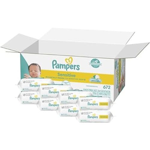 Pampers Sensitive Baby Wipes, Water Based, Hypoallergenic and Unscented, 8 Flip-Top Packs (672 Wipes Total) [Packaging May Vary]