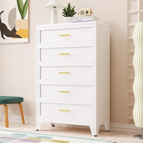 5 Drawers Dresser for Bedroom, Metal Dresser & Chest of Drawers, Tall Storage Cabinet Drawers Organizer with Large Storage Space, Steel Chest of Drawers for Living Room, Hallway(White)