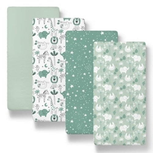 The Peanutshell Green Safari Bassinet Crib Sheet 4 Pack Set