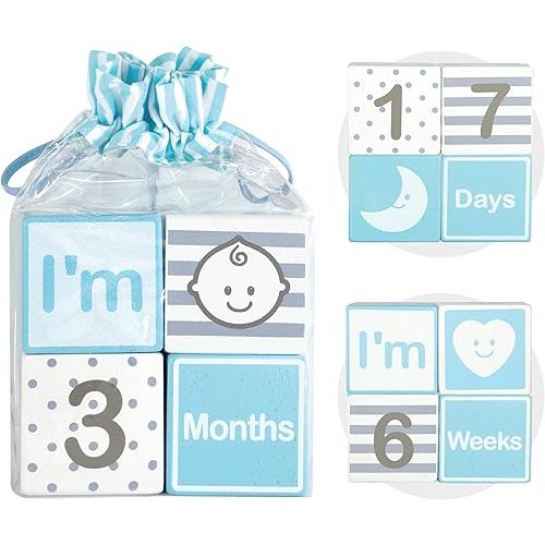 I'm Solid Wood Monthly Weekly Yearly Milestone Age Blocks, Newborn Gifts & Keepsakes for Picture Props (4 Pcs/Blue)