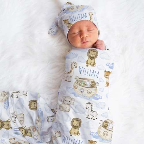 Personalized Christian Swaddle Blanket For Baby Shower, Custom Newborn Baby Boy Gift, Noah's Ark Toddler Name Blanket, Coming Home Outfit