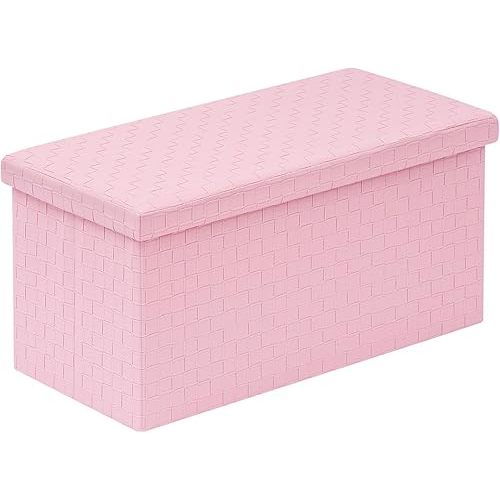 B FSOBEIIALEO Folding Storage Ottoman, Faux Leather Footrest Seat Long Bench Toy Box Chest for Girls, Pink 30"x15"x15"