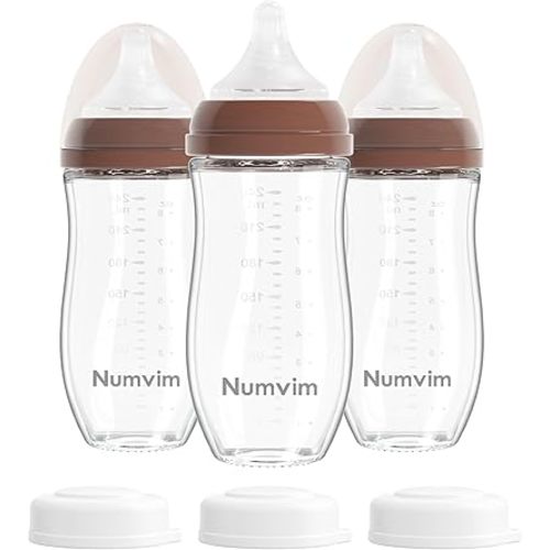 Glass Nurturing Baby Bottles for Breastfeeding Babies, Baby Essentials, Gentle Medium Flow, Wide Neck Bottle with Anti Colic Nipple for 3 Months Babies, 3 Packs (Brown, 8oz)