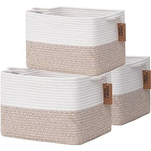 COMFY-HOMI 3-Pack Cotton Rope Woven Basket with Handles for Shelves, Book, Toys, Cloth Basket|Towel Basket for Storage|Nursery Baby Basket for Gift|13.5" x 11" x 9.5" for Living Room（White/Brown）