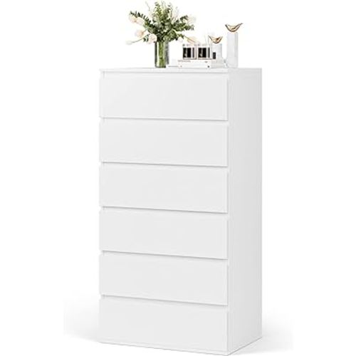 FOTOSOK White Dresser, 6 Drawer Dresser, Modern Tall Floor Storage Cabinet with Metal Sliding Rail, Wooden Handleless Drawer Cabinet, 6-Layer Large Capacity Vertical Dressers for Home & Office