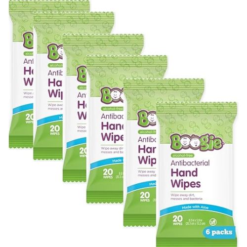 Boogie Antibacterial Hand Wipes, Alcohol Free, Hypoallergenic and Moisturizing Aloe, Hand Wipes for Kids and Adults, 6 Packs of 20 (120 total wipes)