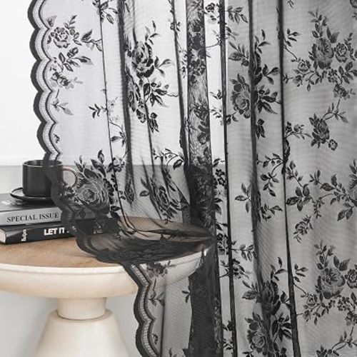 SEEKRIGHT Black Lace Curtains - 45 Inch Length Sheer Floral Curtains for Kitchen, Cafe, Small Window - Victorian Goth Shabby Chic Decor, 2 Panels, 52x45