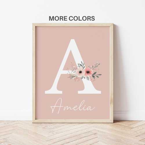 Custom Floral initial Nursery Wall Art Print| Personalized name| Wildflowers, Boho, Watercolor Flower| Baby girl Nursery Decor| Name sign