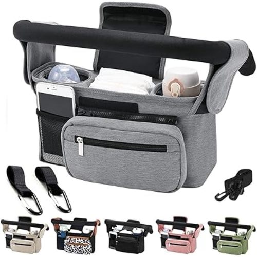 Baby Stroller Organizer, Universal Stroller Organizer with Detachable Phone Bag, Stroller Caddy with 2 Insulated Cup Holders, Buggy Organizer Bag with 2 Hooks Fits Most Strollers (Grey)