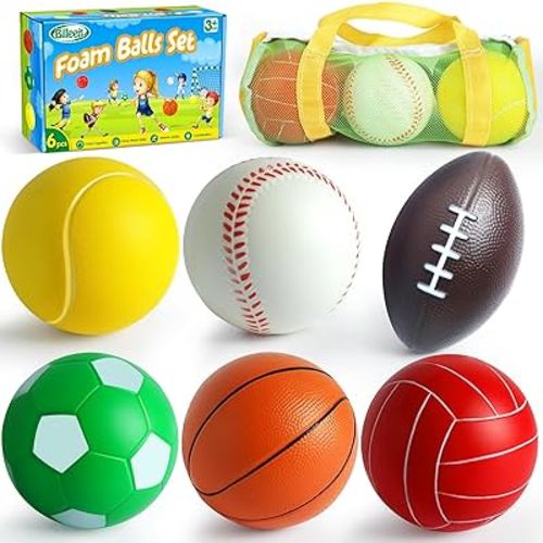 Mini Sports Balls Set for Toddler 1-3, First Sports Bag for Kids, Include 1 Each of 3.5" Foam Soccer, Tennis Ball, Basketball, Football, Baseball, Volleyball, Fun Baby Ball Toys, Set of 6