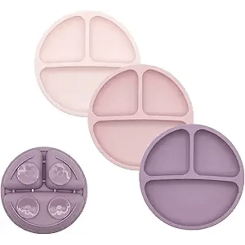 WeeSprout Suction Plates for Babies & Toddlers - 100% Silicone, Dinnerware Stays Put, Divided Design for Picky Eaters, Microwave & Dishwasher Friendly, 3 Pack (Matte Pink, Purple & Blush Pink)