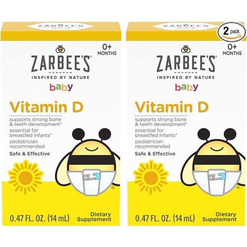 Zarbee's Vitamin D Drops for Infants, 400IU (10mcg) Baby & Toddler Liquid Supplement, Newborn & Up, Dropper Syringe Included, Pack of 2 0.47 Fl Oz Bottles