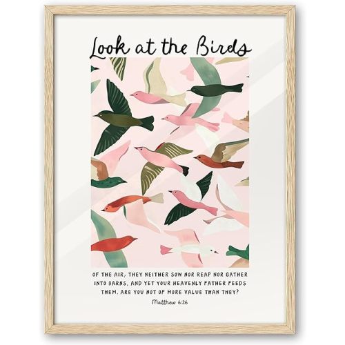 EcoHest Large 16x20in OAK Wood Framed Wall Art, Look at the Birds of the Air Bible Verse Matthew 6, Christian Scripture Modern Canvas Wall Decor for Bedroom Living Bathroom Religious Gift 1 Pack