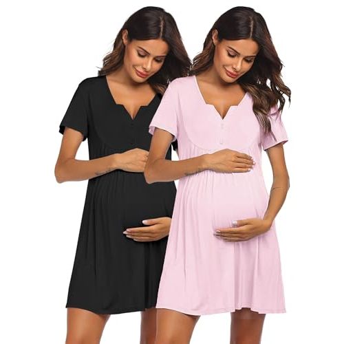 Ekouaer 2 Pack Labor/Delivery/Hospital Gown Nursing Dress Maternity Nightgown Short Sleeve Breastfeeding Sleepwear