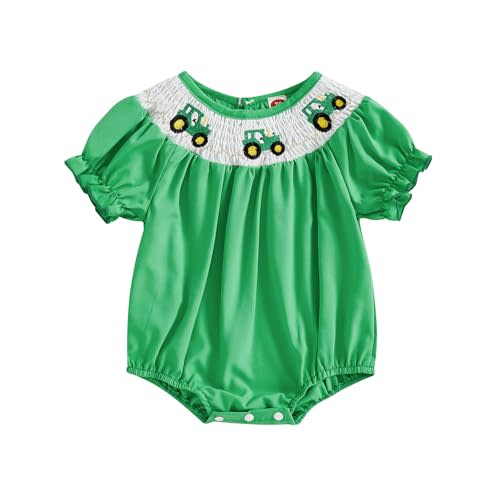 Amnnchya Baby Girl Summer Clothes Farm Tractor Embroidery Puff Sleeve Bubble Romper Newborn Spring Bodysuit Outfits