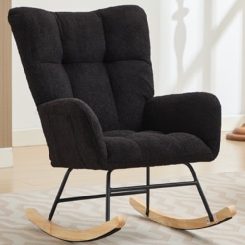 PAPROOS Modern Teddy Fabric Rocking Chair, Accent Rocker Chair with High Backrest for Nursery, Accent Glider Rocker for Living Room Bedroom Playroom, Black