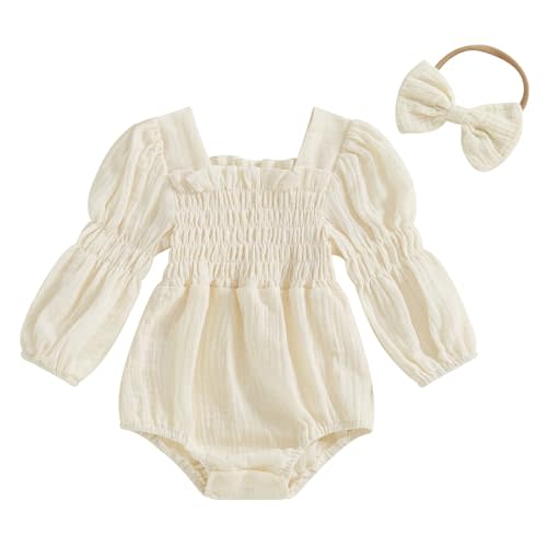 Kavousa Smocked Baby Girl Clothes Newborn Girl Bubble Romper Long Sleeve Jumpsuit And Headband Outfit Cute Infant Clothing
