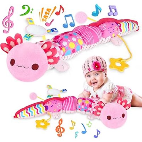 Baby Toys for 0-6 6-12 Months, Sensory Music Animal Stuffed Toy for 0 1 2 3 4 5 6+ Month, Plush Axolotl Toy with Crinkle and Rattles for Infant Newborn, Tummy Time Toys Gifts for 0-3-6-12 Month, Pink