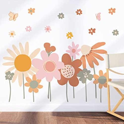 Supzone Colorful Flower Wall Stickers - Boho Retro Vintage Floral Art Decals for Bedroom, Living Room, TV, Office - Large Home Decoration