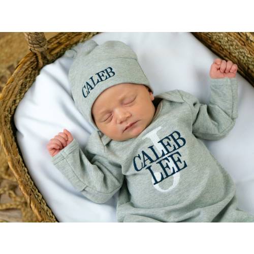 Baby boy coming home outfit, newborn boy outfit, monogrammed footie, baby shower gift, newborn photos, gray romper