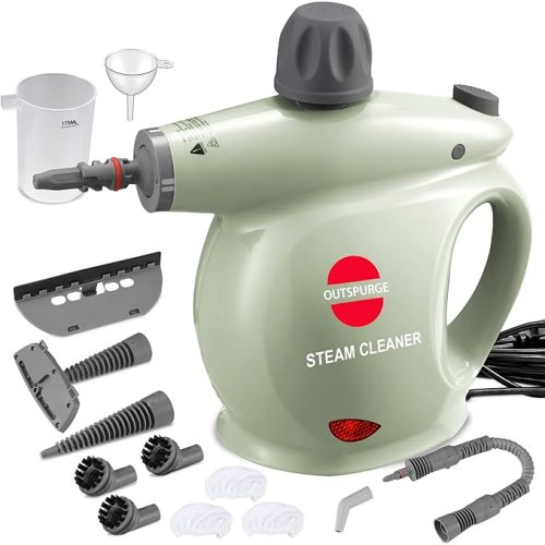Handheld Steam Cleaner, Pressurized Multi-Surface Steam Shot with 13 Accessories, Safety Lock, Steamer for Cleaning Floor, Upholstery, Grout, Windows, Couch and Car, Green