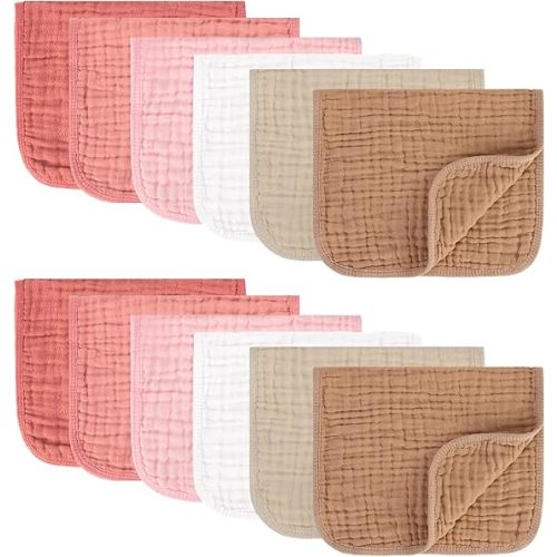 Muslin Burp Cloths 100% Cotton Pack of 12. Soft, Gentle & Absorbent Baby Burp Cloths for Baby Girl & Boys.(Pink & Coffee 12 Pieces)