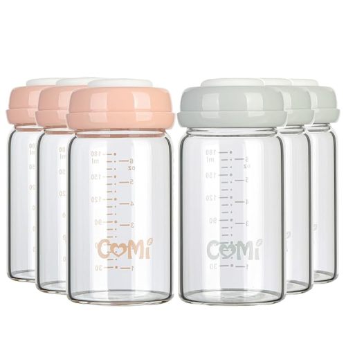 COMI Wide Neck Glass Breastmilk Collection n Storage Bottle, 4 Packs, 6oz with Screw Ring Sealing Disk; Re-markable Sealing Disc. BPA Free, Fits Breast Pumps & Nipples (2 Gray Lids + 2 Pink Lids)