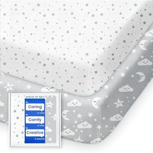 Mini Crib Sheets 24x38, Ultra Soft Pack N Play Sheets Fitted Boy Girl, Neutral Pack and Play Mattress Sheets, Premium Jersey Knit Portable Crib Sheets Hypoallergenic, Forest Bear & Deer