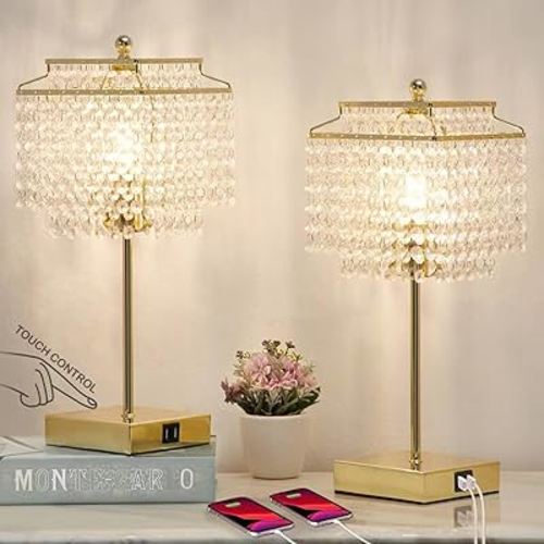 Luvkczc Set of 2 USB Bedside Crystal Table Lamp Gold, Touch Control, 3-Way Dimmable Lamp with Crystal Shade for Bedroom, Living Room, 6W LED Bulb Included