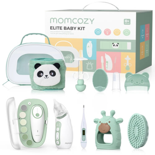 Momcozy Elite Baby Kit, Superior Baby Shower & Registry Essential Kit for Grooming & Health & Cleansing Care, Electric Nail File & Nasal Aspirator,Tummy Wrap,Thermometer,Bath Brush,Teether,Storage Bag