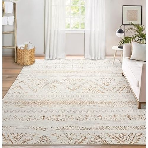 Area Rug Living Room Carpet: 5x7 Large Moroccan Soft Fluffy Geometric Washable Bedroom Rugs Dining Room Home Office Nursery Low Pile Decor Under Kitchen Table Light Brown/Ivory