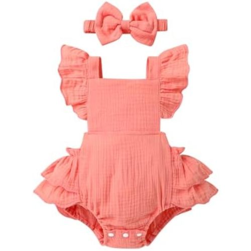 Happy Town Baby Girl Clothes Toddler Summer Linen Romper Sleeveless Ruffle Outfits Infant Girls Jumpsuit with Headband