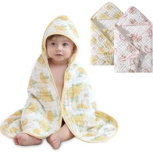 Muslin Baby Hooded Towel - 2 Pack Baby Towels, Ultra-Soft & Absorbent Bath Towel with Original Design, Shower Gifts for Newborn & Infant (Lemon & Peach, 32" x 32")