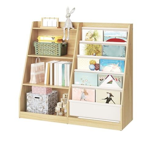CHOEZON 4-Tier Kids Bookshelf and Toy Storage, 6 Layer Fabric Toddler Bookshelf, Kids Toy Storage Organizer, Sling Kids Bookcase, for Playroom, Bedroom, Nursery, Classroom, Natural and White MCW05NL