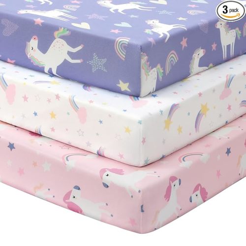 Baby Crib Sheets Girl, 3 Pack Toddler Bed Sheets for 52”x28” Standard Toddler Mattresses, Soft Microfiber Fitted Crib Sheets Pink Purple Rainbow