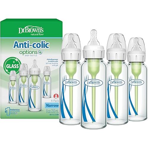 Dr. Brown's Anti-Colic Options+ Narrow Glass Baby Bottle with Level 1 Slow Flow Nipple, BPA-Free, 8 oz/250 mL, 0m+, 4-Pack (Packaging May Vary)