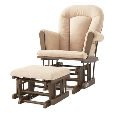 Child Craft Cozy Glider Rocker and Ottoman Set, Padded Cushion with Convenient Storage Pockets, Solid Wood Base & Frame (Cocoa Bean with Tan Cushion)