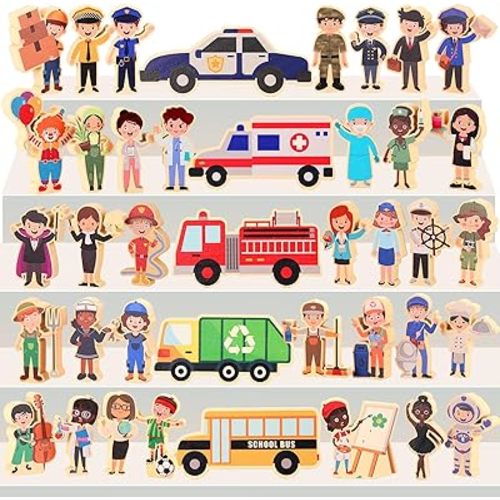 40 Pcs Wooden Community Helpers Little People Figures Occupations Wooden Blocks Professionals Kids Pretend Play Toys Multicultural Career Figurines Educational Activity Social Learning Supplies